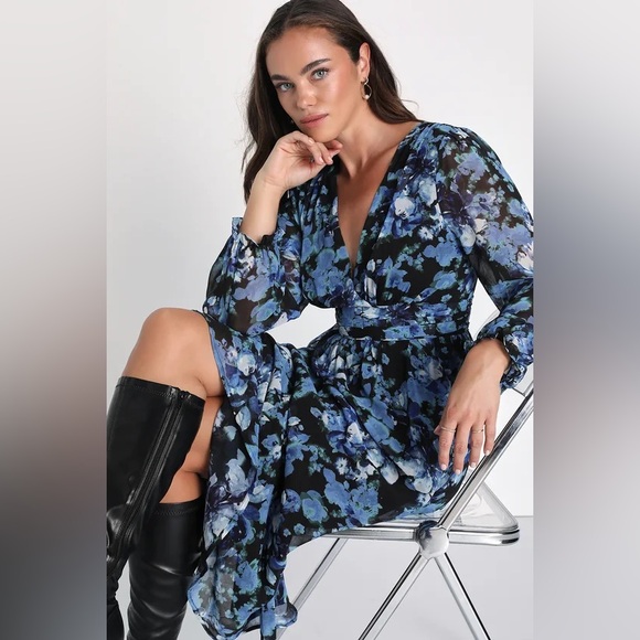 Lulu’s Impressive Charm Black Multi Floral Print Long Sleeve Midi Dress - Picture 2 of 9